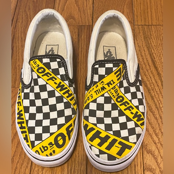 Vans Custom‎ Off-White Checkered Yellow Tape Lo 721277 Mens 7 Womens 8.5